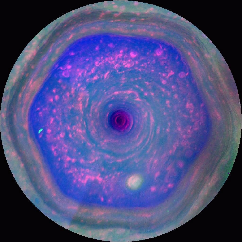 Color-enhanced Cassini view of Saturn’s six-sided north-polar jet stream